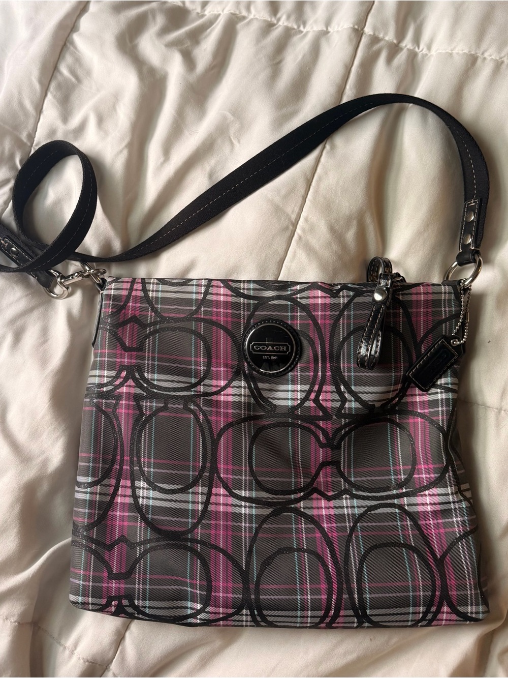 Coach Pink and Gray Plaid Signature Crossbody Bag